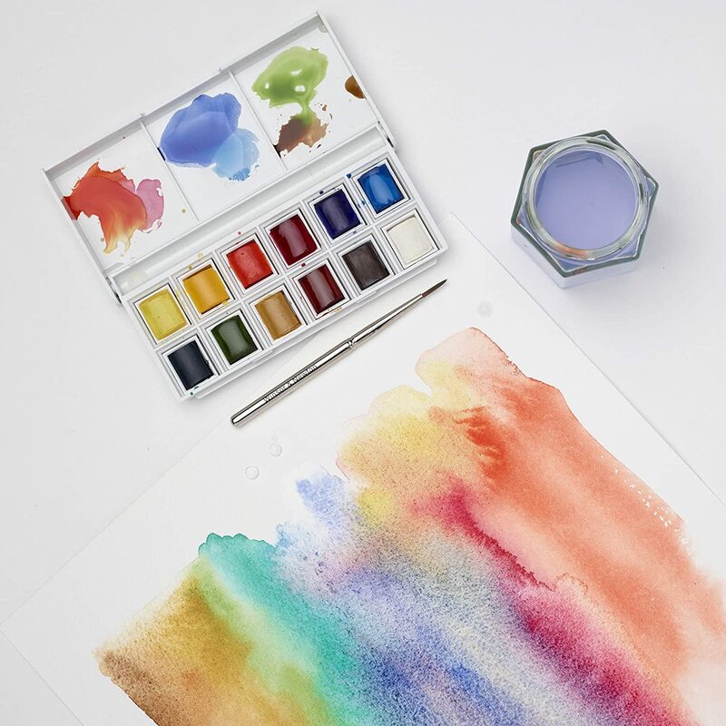 Winsor & Newton-paleta de acuarelas para bocetos, Media sartenes, pincel de Acuarela, portátil, de viaje, 12 colores