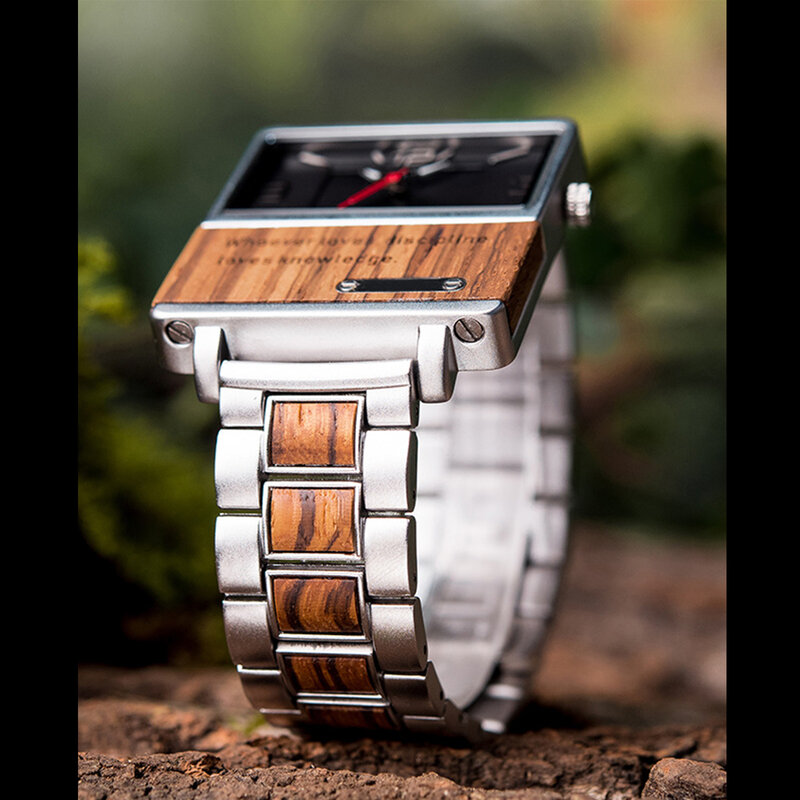 Jam tangan pria kayu, arloji unik kasual kuarsa tahan gores pointer persegi kreatif sederhana