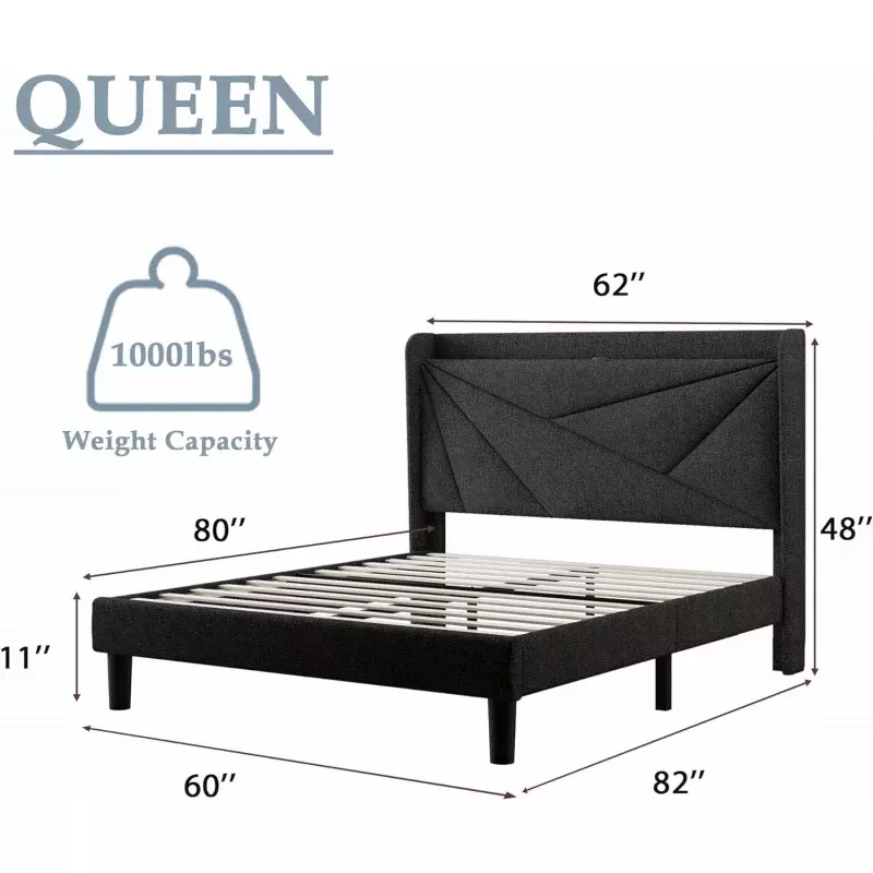 Feonase kerangka Tempat Tidur Queen dengan port tipe-c & USB, tempat tidur Platform berlapis kain, papan kepala penyimpanan bersayap, kayu Solid