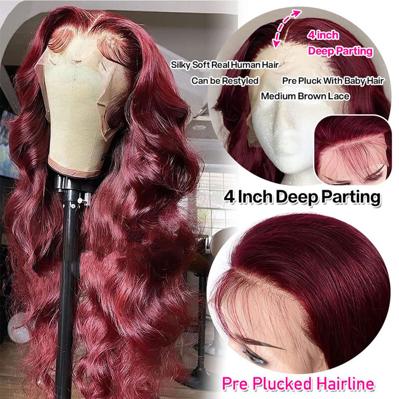 Wiggogo-Peluca de cabello humano con encaje Frontal, postizo de 30 pulgadas Hd, 13x6, 13x4, color rojo borgoña 99J