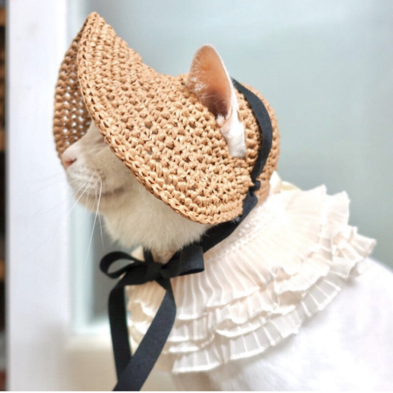 2023 New Pet Hat Cat Dog Summer Sun Hat Cute Pet Lace Scarf Two-piece Suit