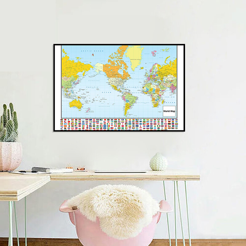 84*59cm la mappa del mondo Wall Art mappa dettagliata pittura su tela antiodore soggiorno Home Decor materiale didattico scolastico