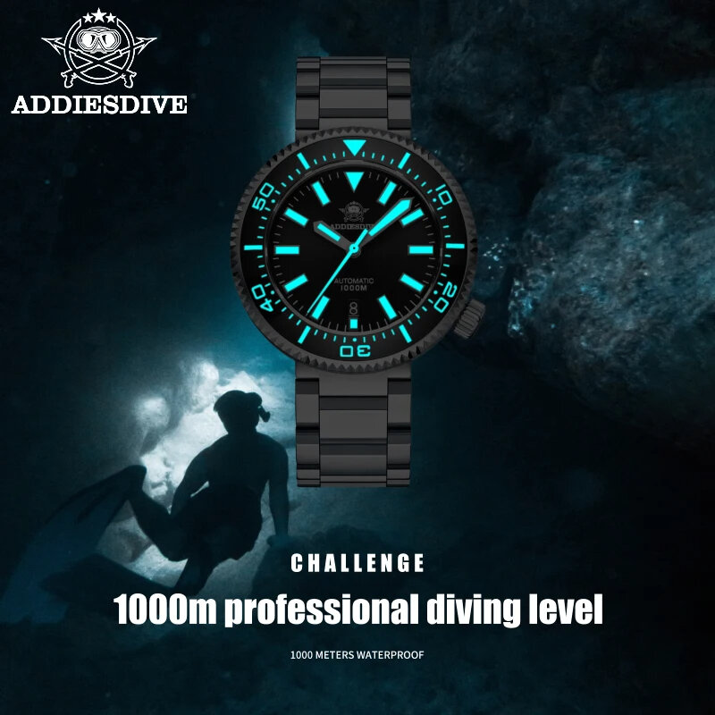 Addiesdive นาฬิกา NH35ดำน้ำ1000เมตร, นาฬิกากลไกอัตโนมัติไพลินนาฬิกาข้อมือสแตนเลส BGW9เรืองแสงนาฬิกาข้อมือดำน้ำ