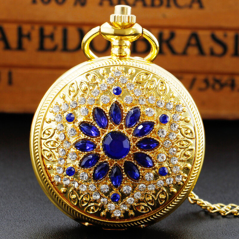 Gouden Multi Diamant Dames Ketting Zakhorloges Vintage Mode Dames Hanger Quartz Pocket Fob Horloge Cadeau Met Ketting