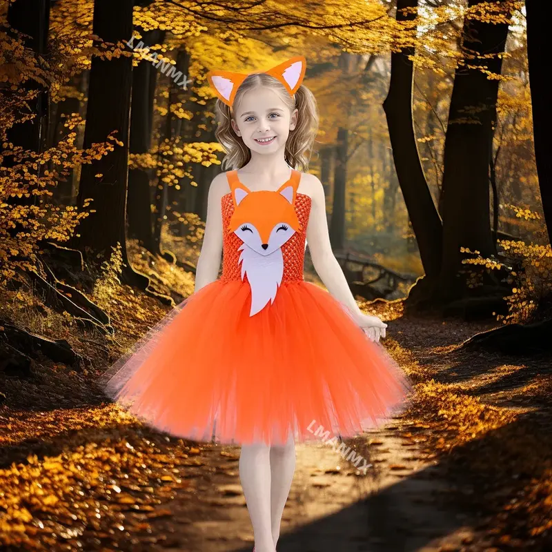 女の子のためのオレンジ色のキツネの衣装、チュチュドレス、森のテーマのコスプレ衣装、かわいい動物のドレス、誕生日パーティー、子供