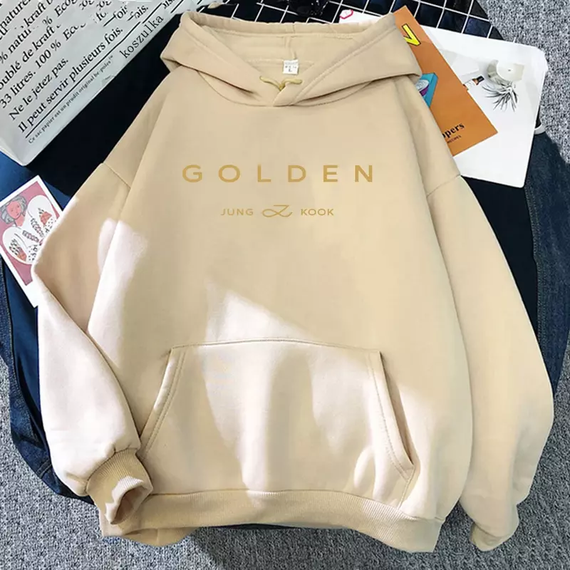 JungKook Golden Hoodie Women Aesthetic Standing Next To You Hoodies Unisex Album Letter Print Golden Pullovers Sweatshirts Korea