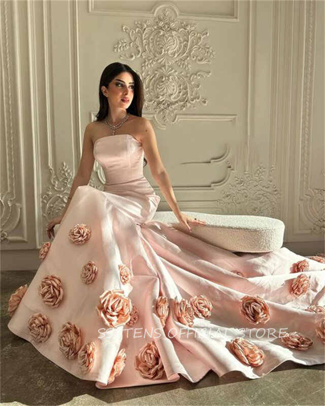 Vintage Pink 3D Flowers Saudi Arabic Women Formal Party Evening Dresses Strapless Long Floor Length Prom Dress Night Occasion