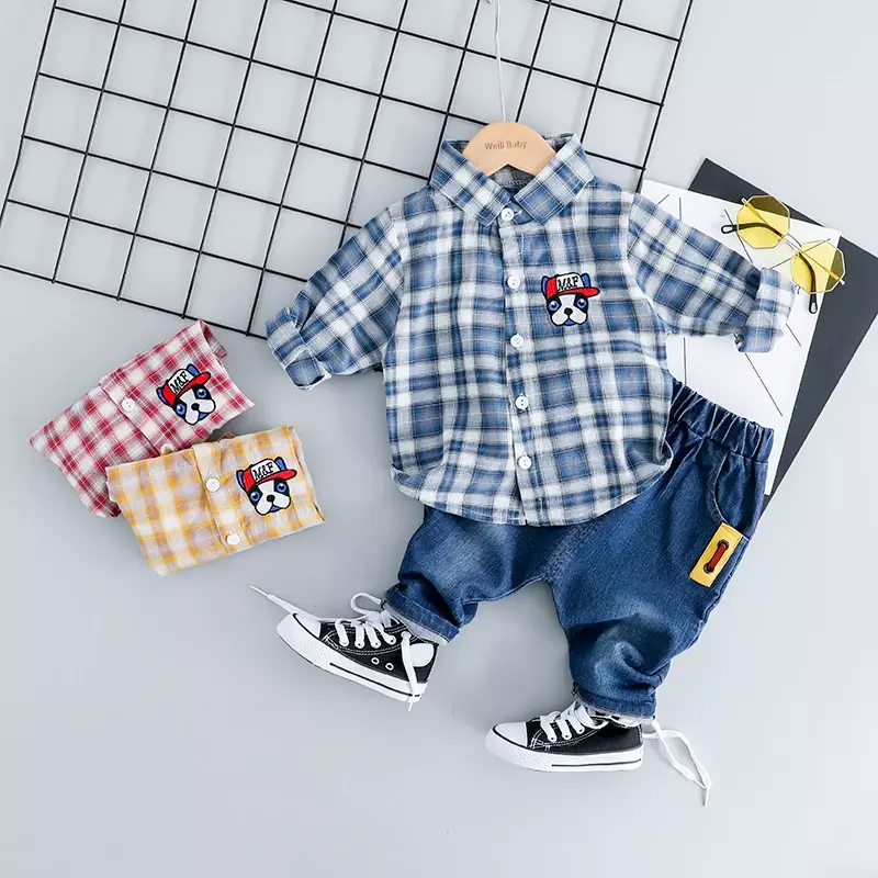 Conjunto de ropa de 2 piezas para niños pequeños, traje de dibujos animados, Camisa vaquera, Primavera