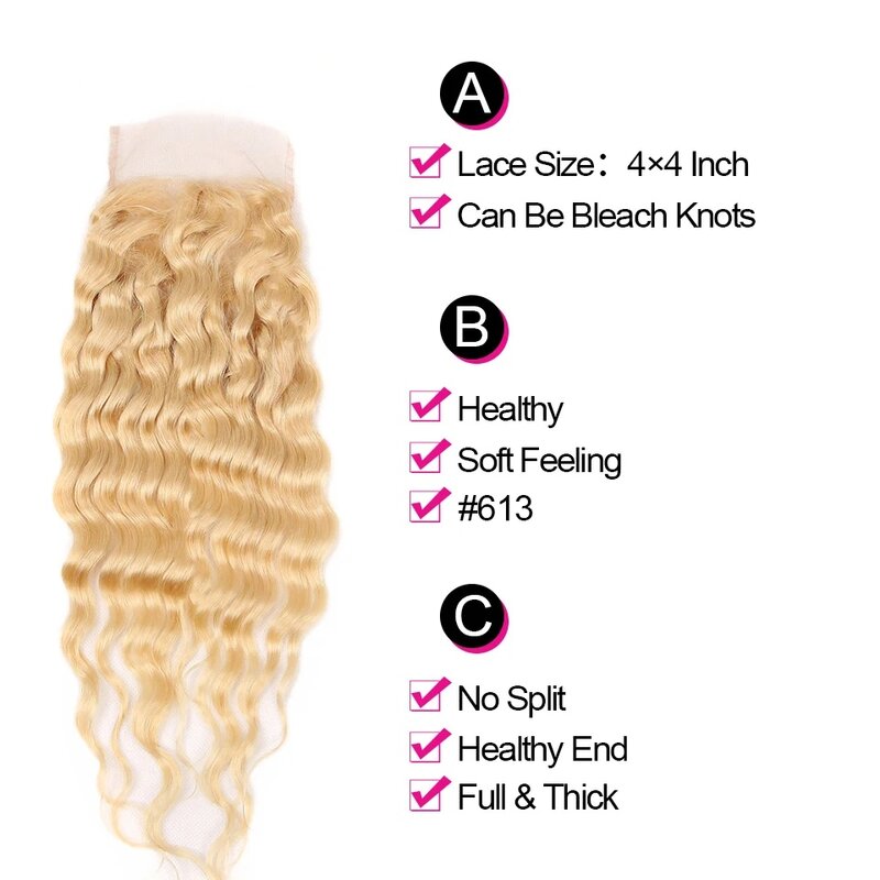 613 Blonde Water Wave Closure 4X4 Lace Closure Free Part Transparent Swiss Lace 150% Density Brazilian Remy Hair For Women