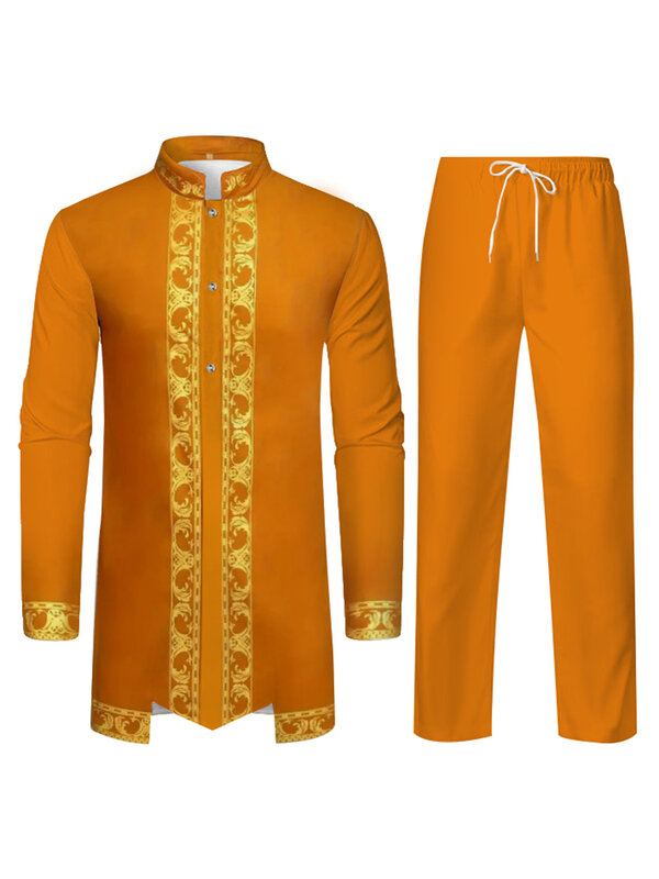 Muslim Robe The Traditional Dress of Arab Men 3D Pattern Printing Black White Yellow Navy Blue Long-Sleeved Trousers