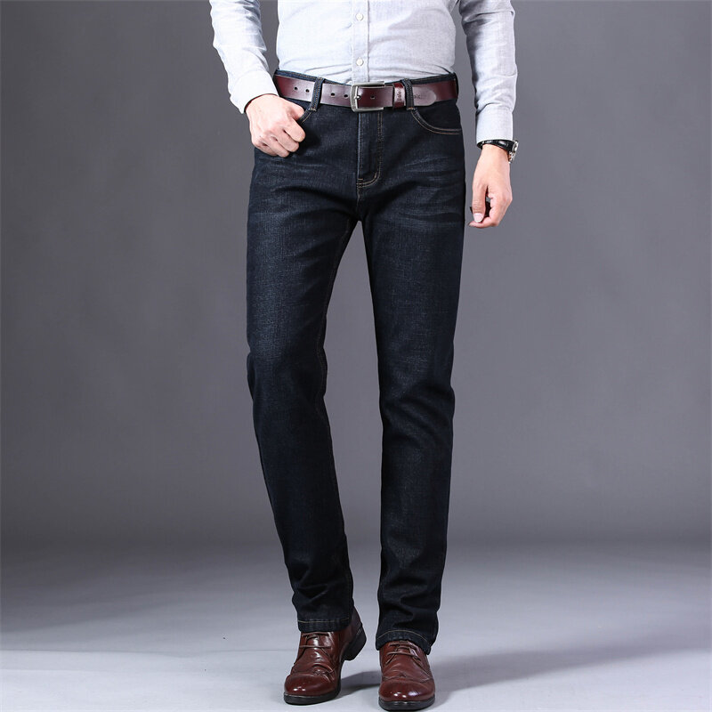 2022 Classic Fleece Thick Warm Men's Winter Fit Straight Jeans Business Casual Wear Mid High Waist Stretch Slim Denim Jeans