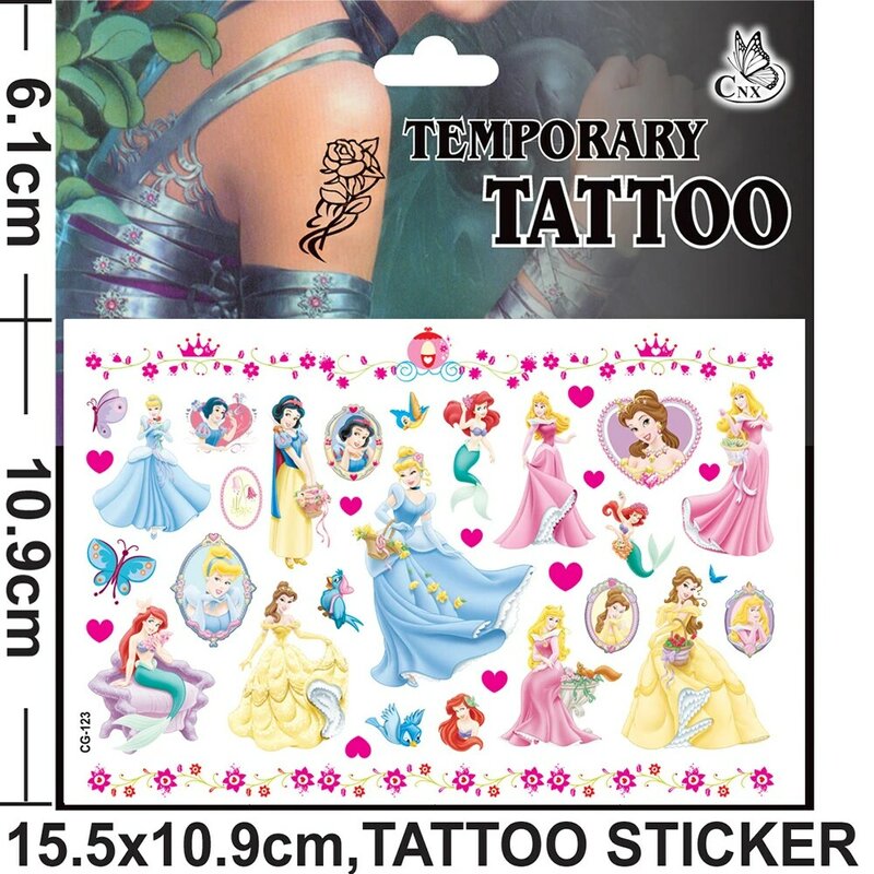 Pegatinas de tatuaje de princesa Disney, dibujos animados, sirena, Blancanieves, brazos, cara, tatuajes falsos temporales, arte corporal, regalos de fiesta para niños