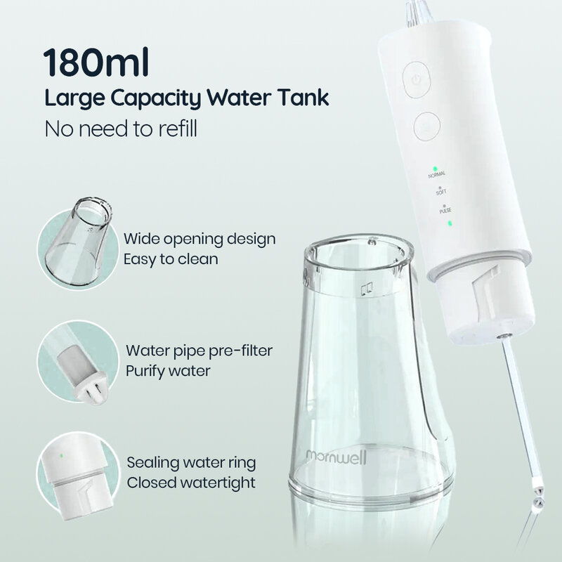 Mornwell f29 jato de água dental 3 modo água flosser irrigador oral para dentes recarregável portátil 180ml tanque de água dentes mais limpo