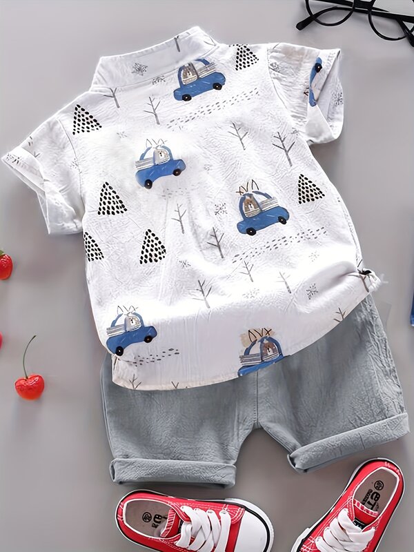 Shorts de manga curta para bebê e criança, camisa de gola em pé, impressão completa urso dirigindo padrão, moda ao ar livre, 2 pcs, verão