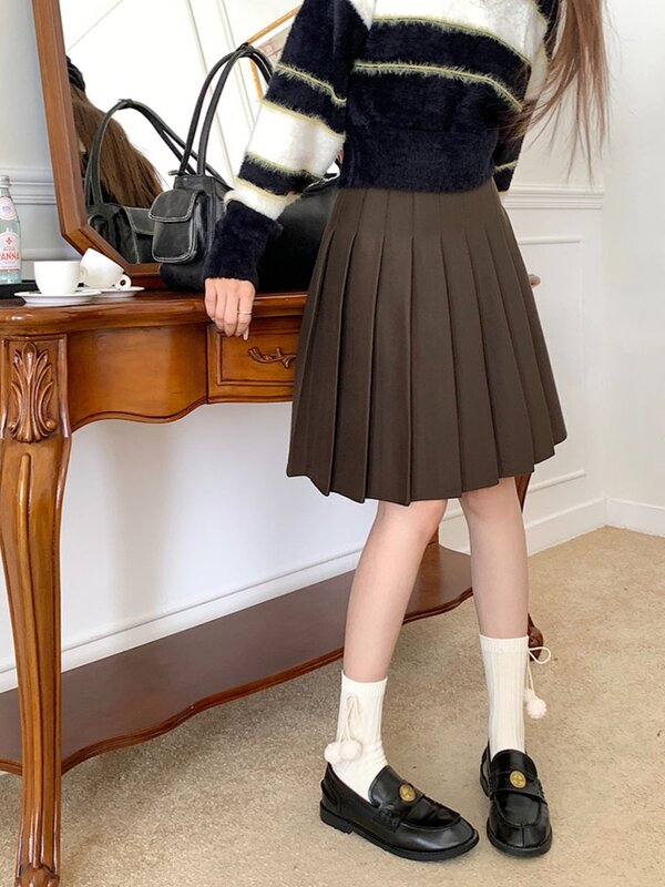 College Style Tweed Bustier Skirt Female Spring 2024 Solid Playful Cute Dark Gray High Waist Pleated Mini Skirt