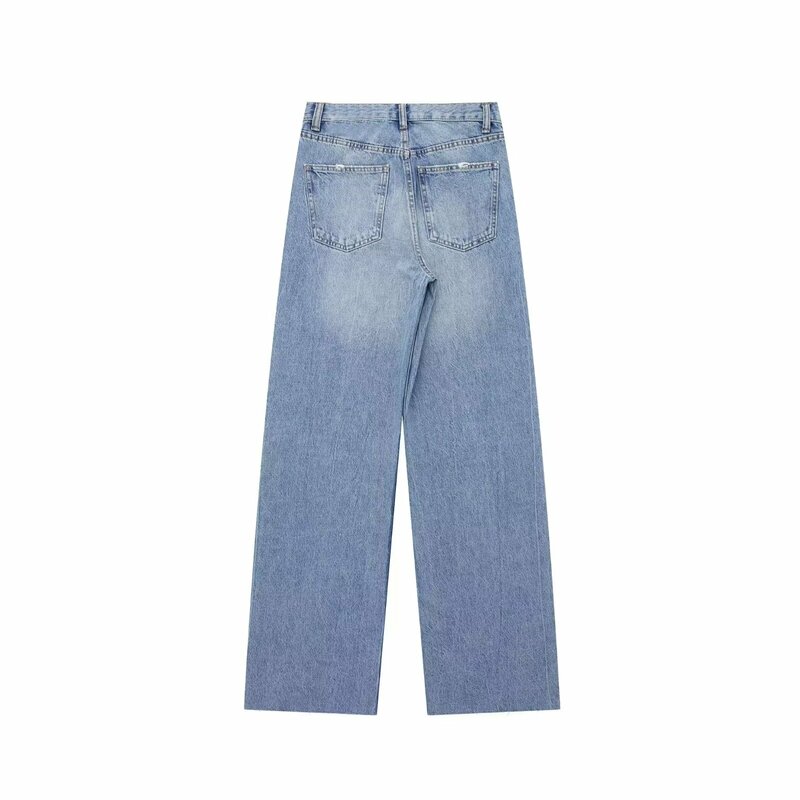 Women's 2024 New Chic and Versatile Wide-leg Jeans With Holes Retro High Waist Zipper Female Denim Pants Mujer