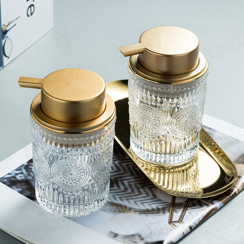 Europese Glas Zeep Fles Gouden Slag Decoratieve Desktop Shampoo Druk Fles Set Moderne Relief Thuis Badkamer Accessoires