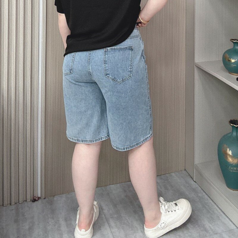 Shorts jeans de cintura alta com elástico feminino, comprimento do joelho, jeans de perna larga, solto, casual, plus size, verão, 2024