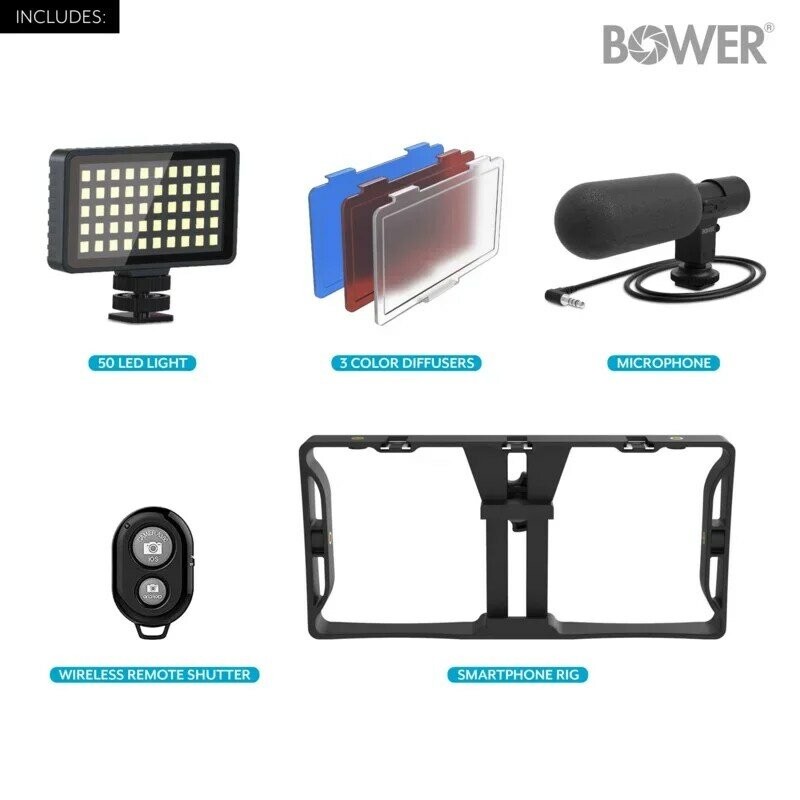 Bower Ultimate Vlogger Pro Kit mit Smartphone-Rig, HD-Mikrofon, 50 LED-Licht, 3 Diffusoren/Filtern und Shutter-Fernbedienung