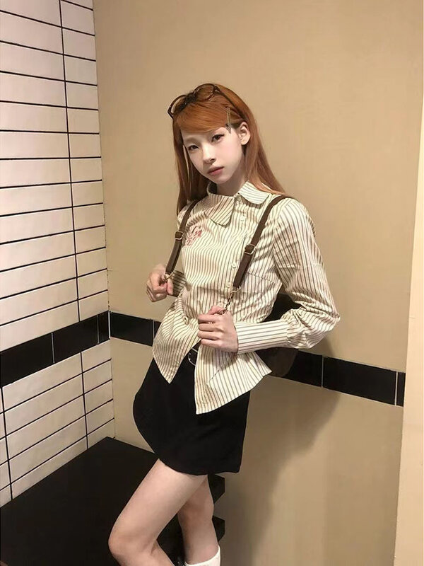 Y2K Striped Letter Embroidery Blouse Women Vintage Korean Fashion Long Sleeve Slim Waist Shirts Harajuku Casual Slit Tops Female