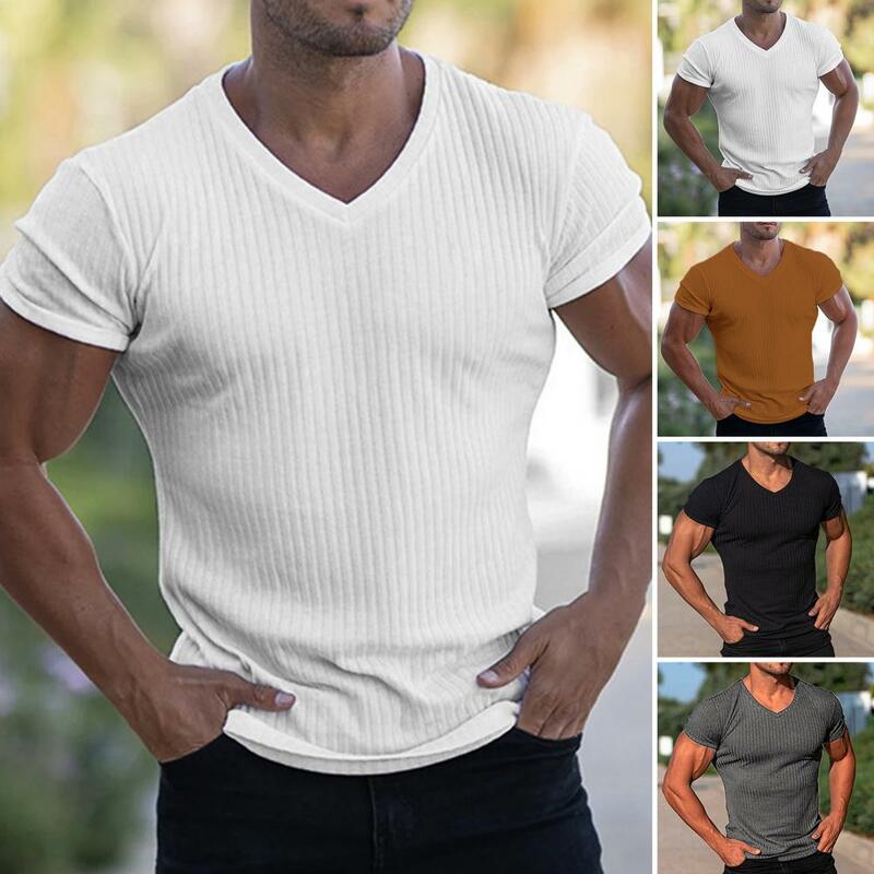 Camiseta con cuello en V para hombre, prenda de vestir masculina, transpirable, de Color sólido, para uso diario