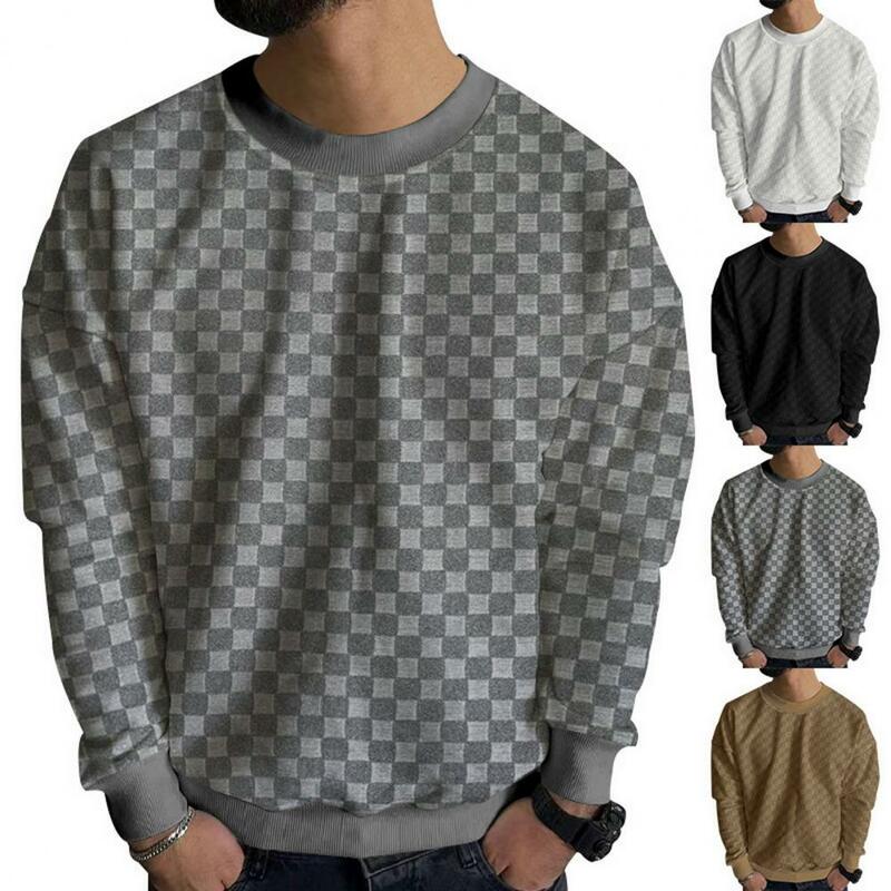 Men Checkerboard Top Round Neck Long Sleeve Top Checkered Pattern Long Sleeve Pullover for Men Loose Fit T-shirt with Elastic