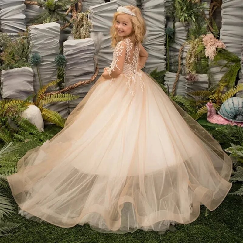 Кружевное платье с длинным рукавом и аппликацией, бальное платье с цветочным рисунком для девочек, платье принцессы для первого причастия, фатиновое платье на день рождения