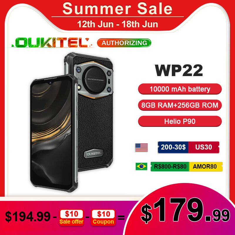 Oukitel WP22 견고한 휴대폰, 10000 mAh, 안드로이드 13, 8GB + 256GB, 48MP 카메라, 6.58 인치 HD + 디스플레이, Helio P90 슈퍼 라우드 스피커 스마트폰