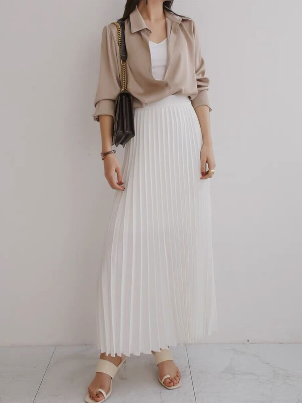 Falda plisada de cintura alta para mujer, falda elegante de diseñador de marca, color liso, moda de lujo con C-035 elástica, primavera y otoño