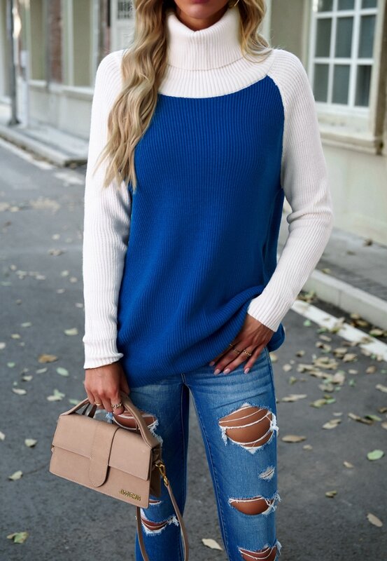 Женская трикотажная футболка контрастных цветов, повседневный длинный Однотонный свитер с высоким воротником, весна-осень 2024