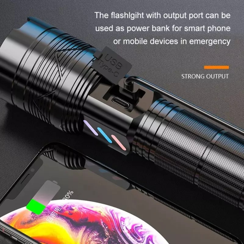 Супермощный фонарик, 60 Вт, USB-перезаряжаемый дисплей, телефон высокой мощности для наружного освещения, кемпинга, тактический фонарь