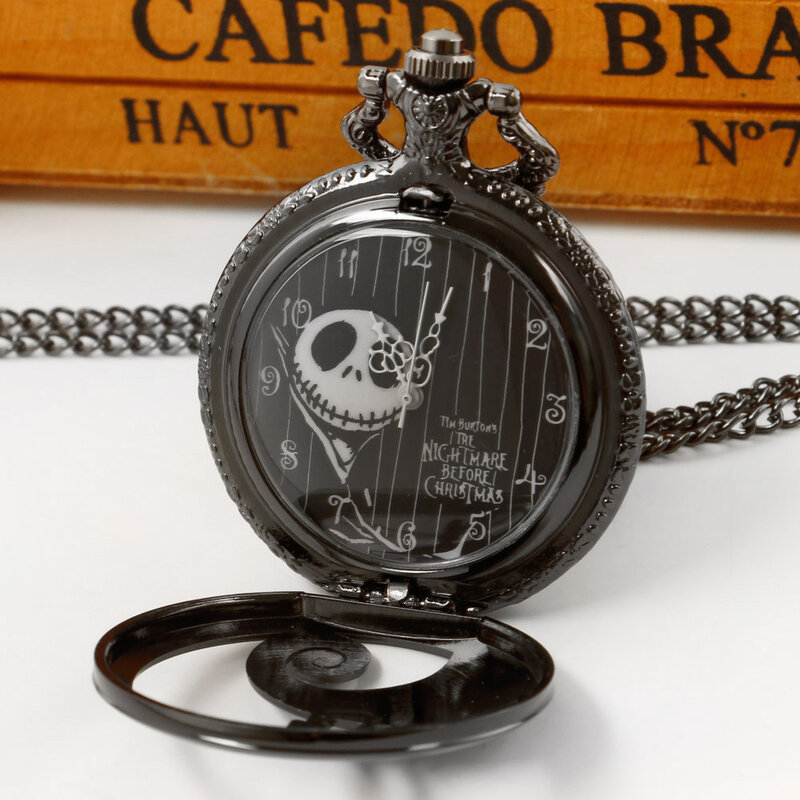 Zwart Uitgehold Schedelpatroon Mannen Temperament Populaire Steampunk Vintage Zakhorloge Geschenk Ketting Reloj Hombre