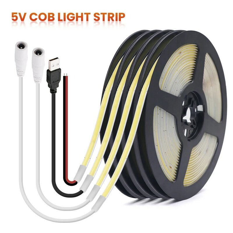 Tira de luces LED COB USB, cinta Flexible de 5V, 12V, 3mm, 5mm, 8mm de ancho, 320LED, luz COB con adhesivo, iluminación lineal de alta densidad