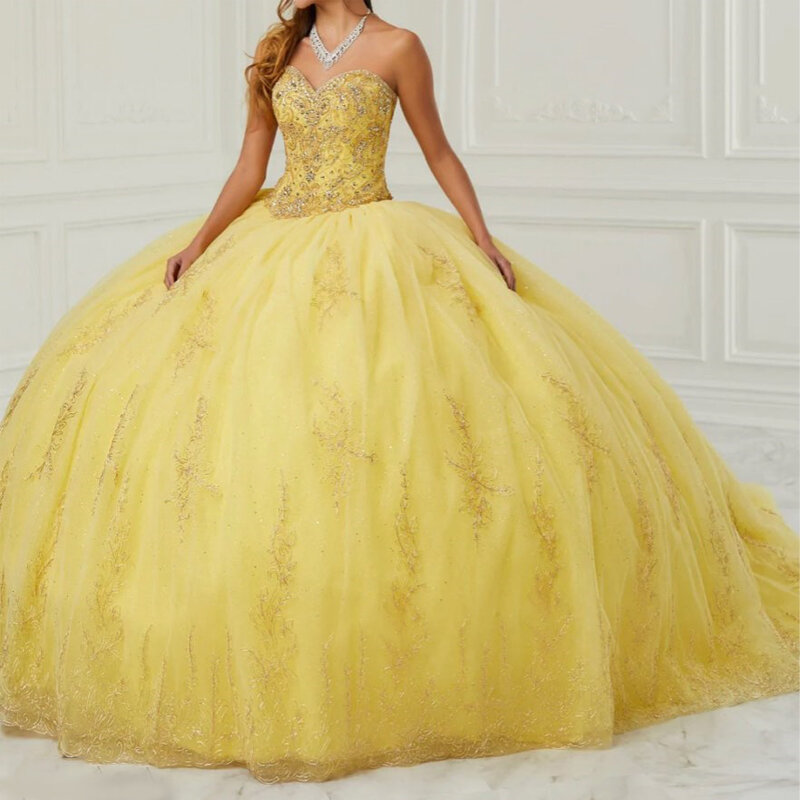 Vestido De quinceañera amarillo claro con cuentas De encaje, dulce vestido De baile De princesa De cristal, 16 Vestidos De baile, 15 Años