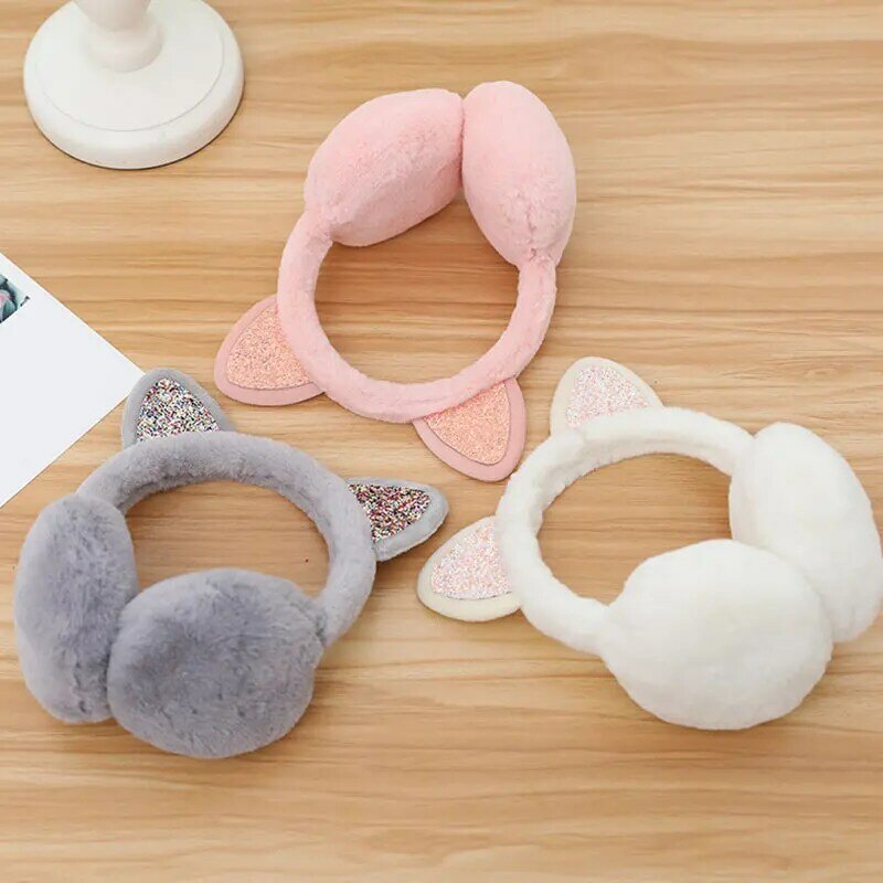 Women Cute Cat Ears Winter Warm Earmuffs Shiny Sequin Ear Soft Plush Earflaps for Kid Outdoor Ear Warmer Outdoor Cold Protection