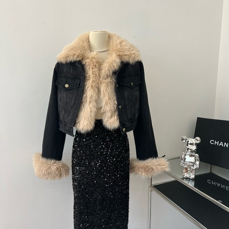Luksusowa rozmyta kurtka dżinsowa dla kobiet szykowna, wysoka Street Winter odpinana bawełniana wyściełana wkładka kosmata kurtka Lady gruba ciepła odzież wierzchnia
