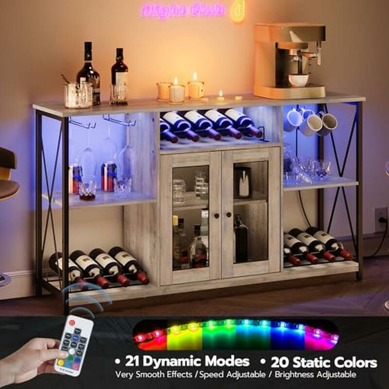 LED Strip Wine Bar Gabinete, Power Outlet, USB Home Bar, Aparador de Vidro Licor, Buffet TV Stand, Vintage Industrial Spotlight