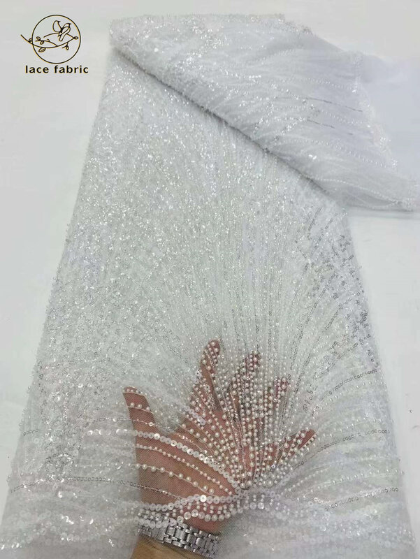 Tela de encaje de red de lentejuelas francesas blancas, tela de encaje con cuentas 3D africanas de alta calidad, bordado nigeriano, tul de fiesta, 2024