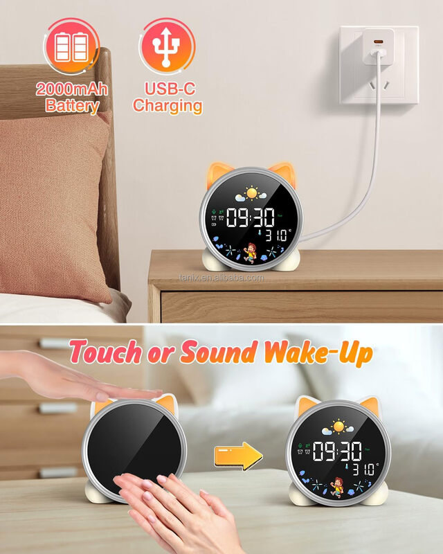 Cute  Clock Creative Voice Control Night Light usb Charge Cartoon Digital Led Thermometer  Clock wake up light