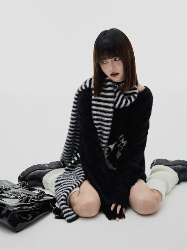 Harajuku-suéter grueso con estampado de calavera Grunge para Mujer, suéter suelto de Mohair, Y2k, de punto, Punk, Vintage