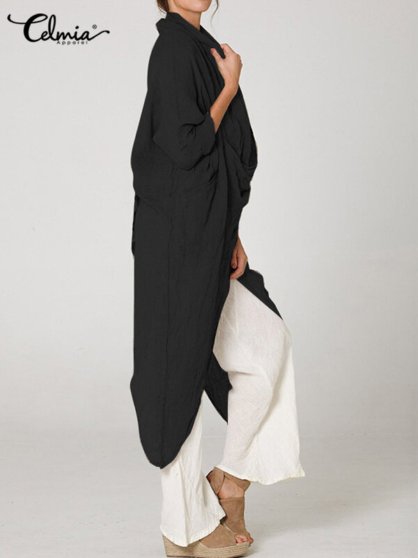 Celmia-가을 여성 패션 솔리드 블라우스 2023 빈티지 롱 셔츠, 캐주얼 카울 넥 긴 소매 비대칭 파티 블라우스