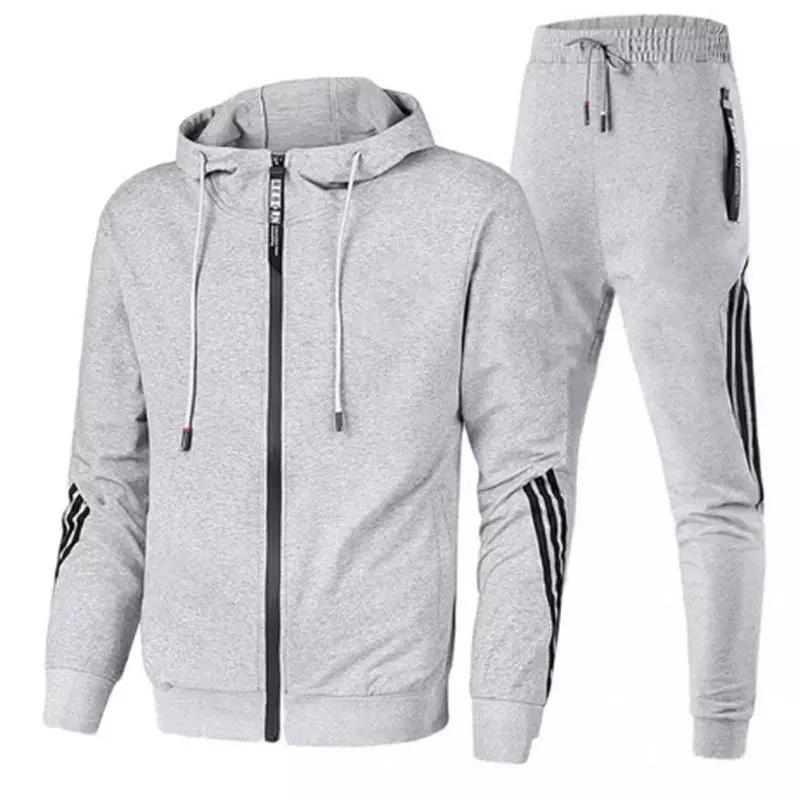 2024 Spring & Autumn Men's Sports Fitness Set Outdoor Jogging Breathable Jacket Zipper Striped Comfortable Hiking Hoodie + Pants
