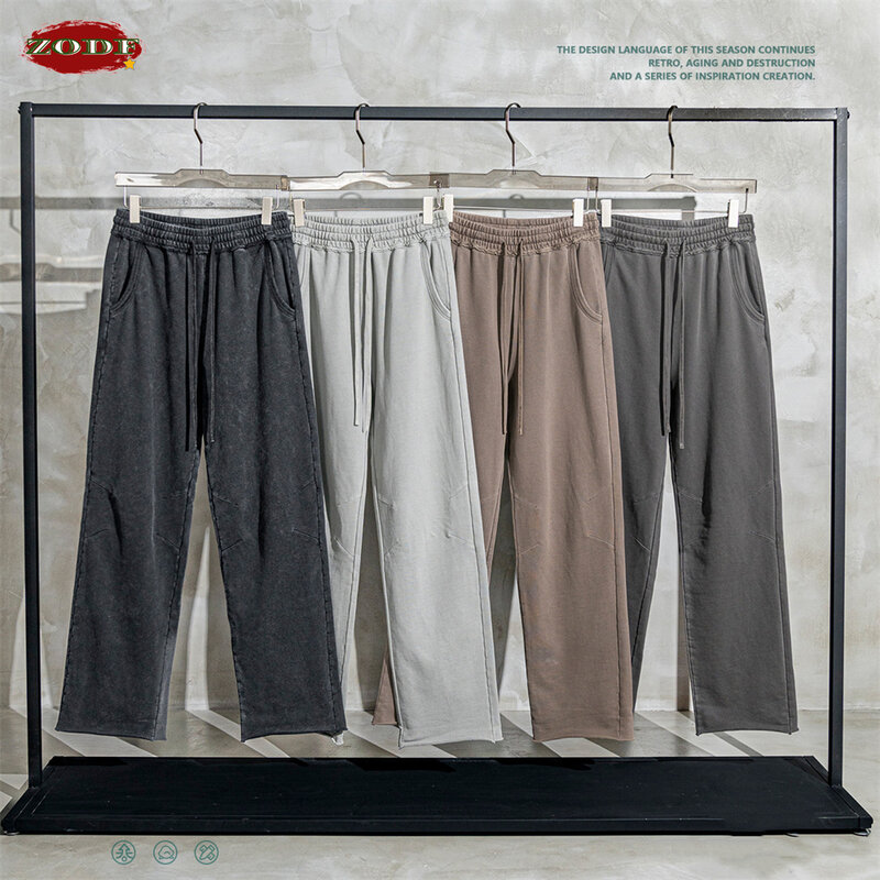 ZODF New 2023 pantaloni in cotone lavato da uomo 380gsm Unisex High Street pantaloni lavorati a maglia dritti oversize con bordo allentato Streetwear HY0608