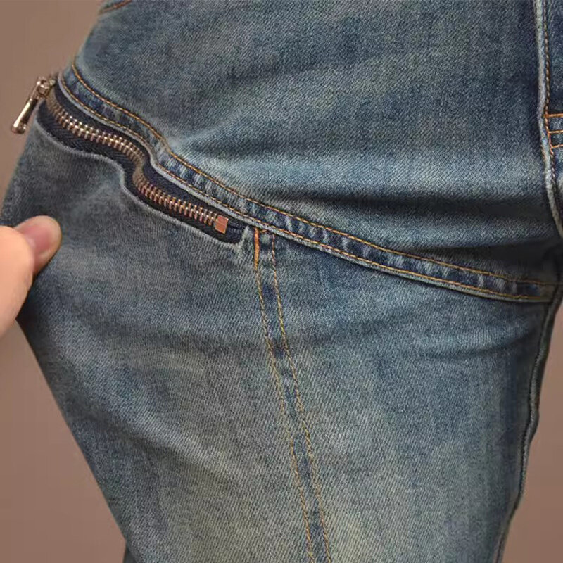 Street Fashion Men Jeans Retro Washed Blue Stretch Skinny Fit Spliced Biker Jeans Homme Zipper Designer Hip Hop Denim Pants Men