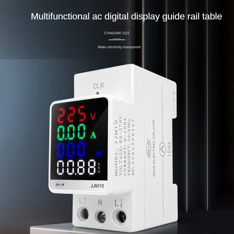 Medidor de electricidad Digital JJM10, 100A, AC80-270V, LCD, blanco, función de reinicio de teclas de PC, Riel DIN multifuncional, 1 unidad