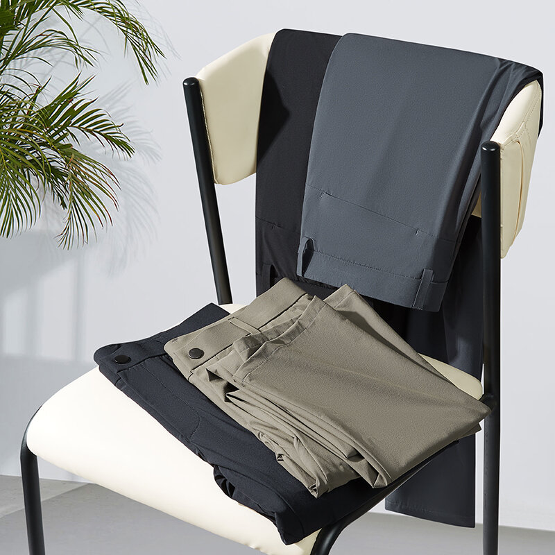 กางเกงลำลองขายาวผ้าไอซ์ซิลค์ยืดได้สำหรับผู้ชาย, กางเกงแนวธุรกิจบางกางเกงสำหรับผู้ชายทรงหลวมฤดูร้อน