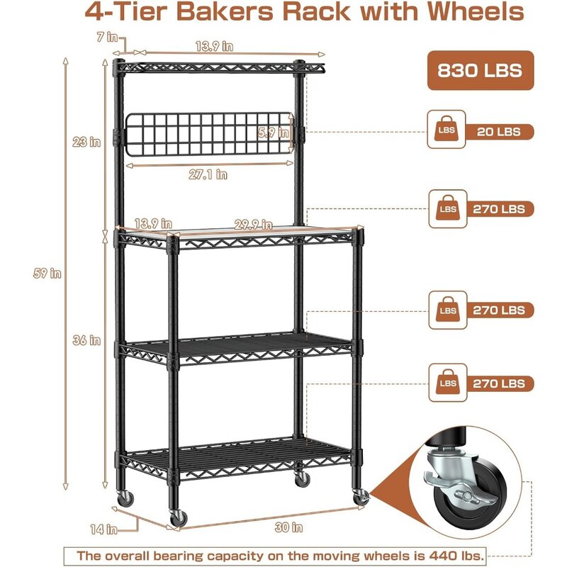 Bakers Rack para cozinha com armazenamento, NSF Certified, 4-Tier, Coffee Bar ajustável com rodas, 10 S-Hooks, Microondas Stand, cozinha