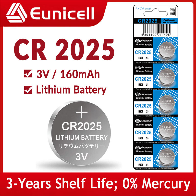 Eunicell 160mAh CR2025 코인 셀 배터리 CR 2025 DL2025 BR2025 LM2025 ECR2025 3V 리튬 버튼 배터리 시계 원격 키