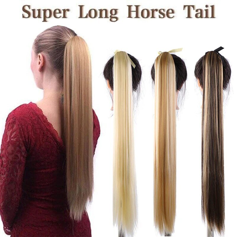 Peluca sintética larga y recta para mujer, extensión de cabello con horquillas, cola de caballo falsa, uso diario, 32 pulgadas