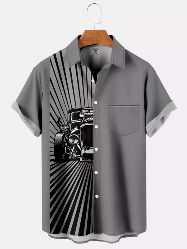남성용 빈티지 자동차 프린트 셔츠, 하와이안 라펠 캐주얼 남성 상의, 편안한 해변 반팔 셔츠, 2024 새로운 스타일
